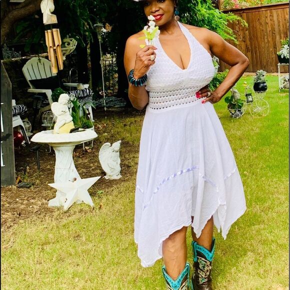 Bohemian White Halter Top Crochet Dress‎ - Picture 3 of 14